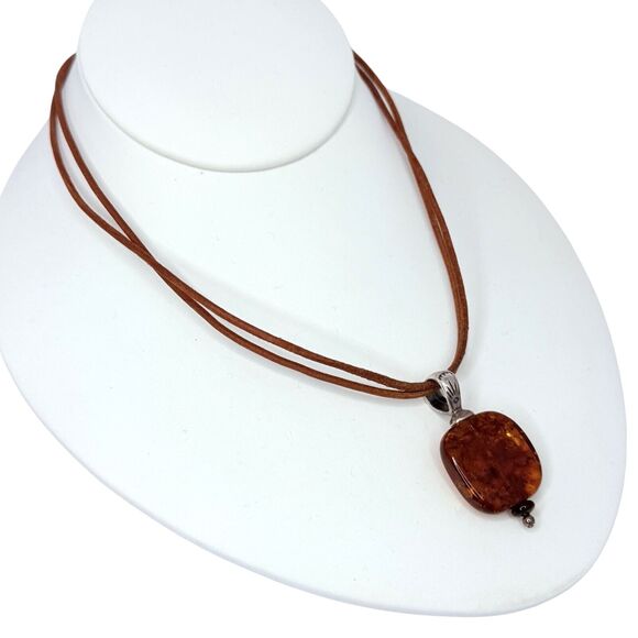 VTG Baltic Amber Pendant Necklace 16" 925 Sterling Silver Leather Thailand - Picture 4 of 13